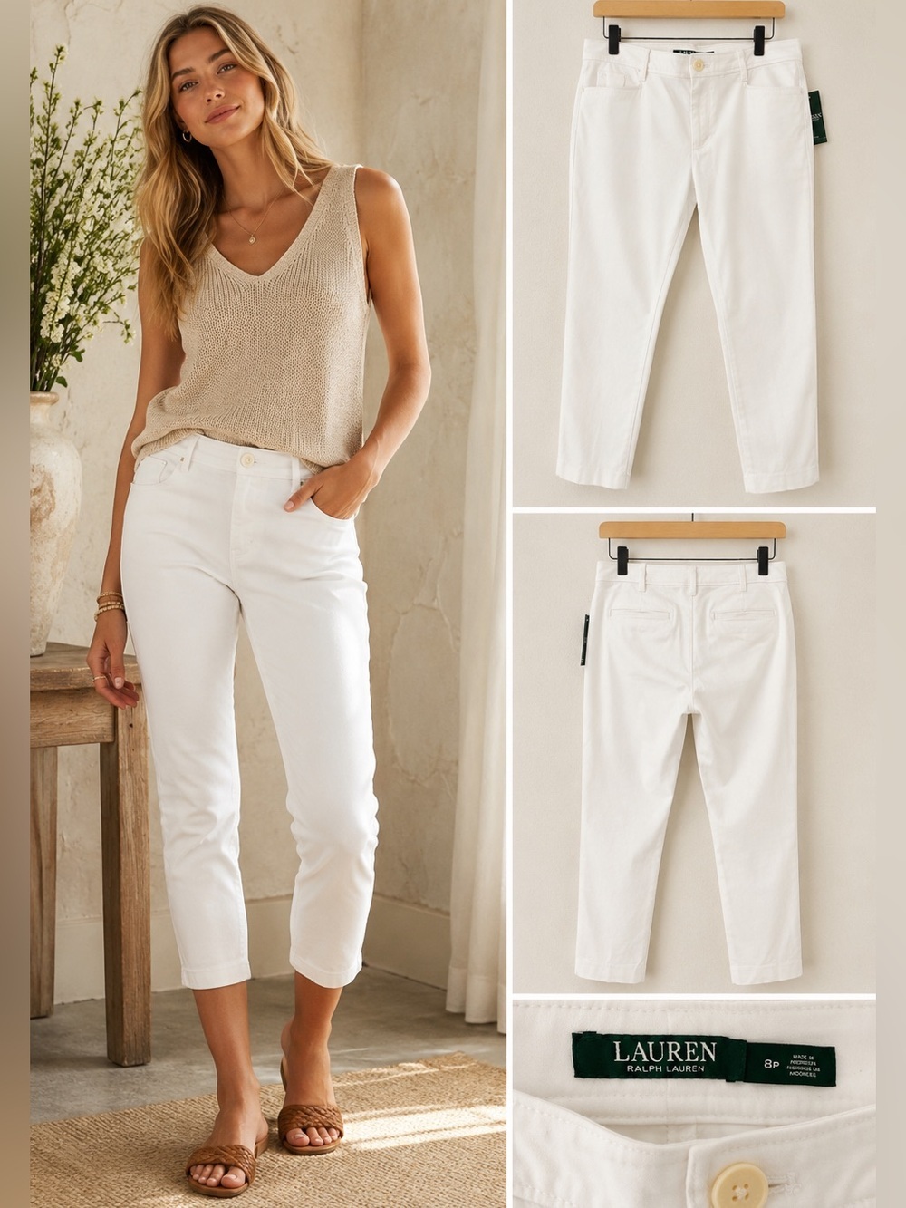 NWT Lauren Ralph Lauren White Ankle Pants Petite 8P Slim Stretch Cropped